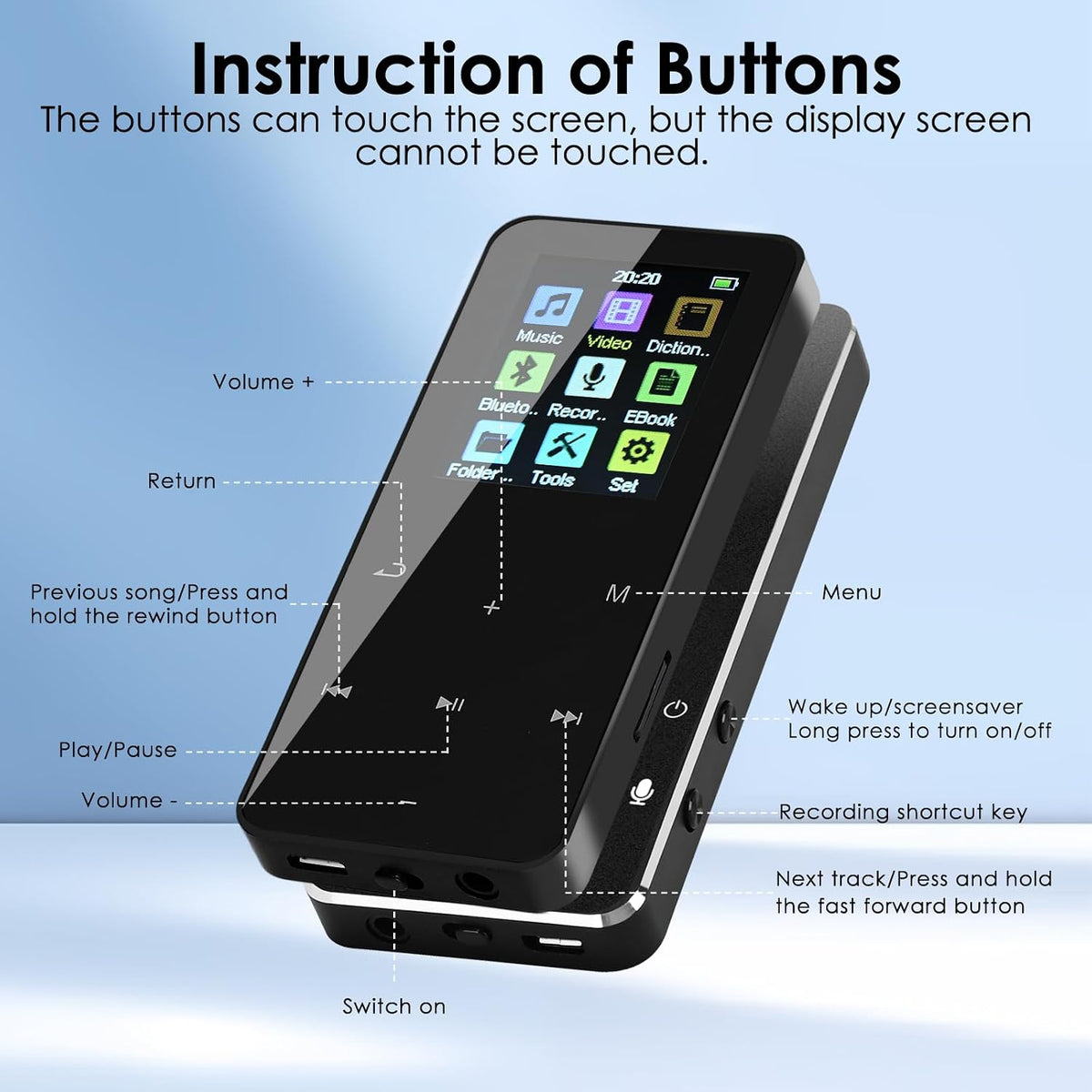 COVVY 24GB Digital MP3 Player with Bluetooth & Speaker - HiFi Lossless Audio Player with FM Radio, Voice Recorder & Earphones
