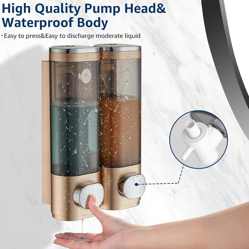 Modunful 2-Chamber Wall-Mounted Shower Dispenser - No-Drill Shampoo, Conditioner & Body Wash Pump Gold