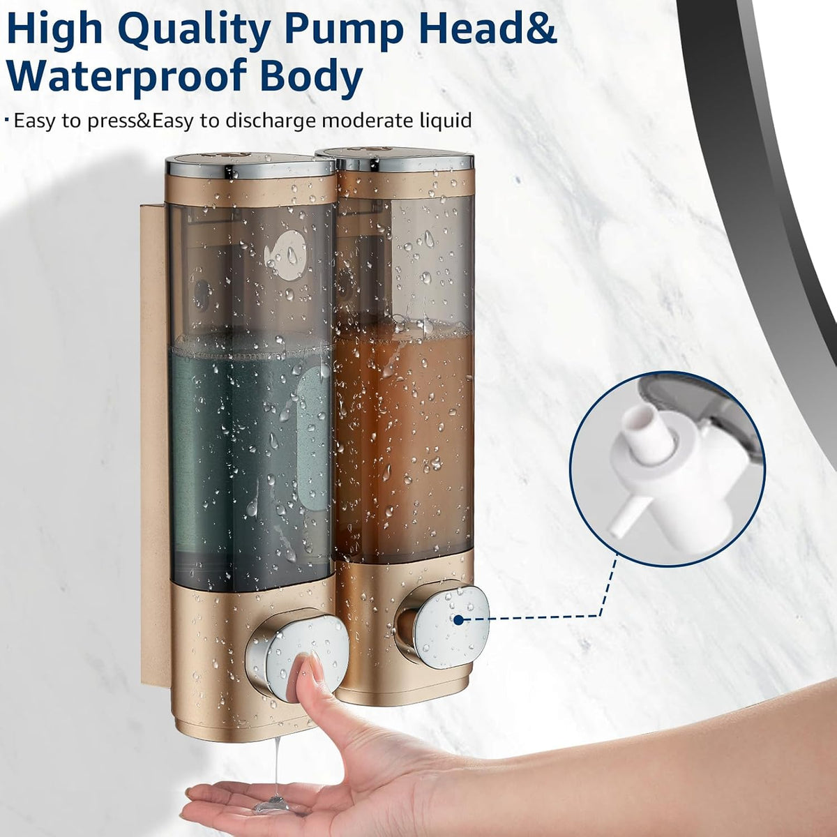 Modunful 2-Chamber Wall-Mounted Shower Dispenser - No-Drill Shampoo, Conditioner & Body Wash Pump Gold
