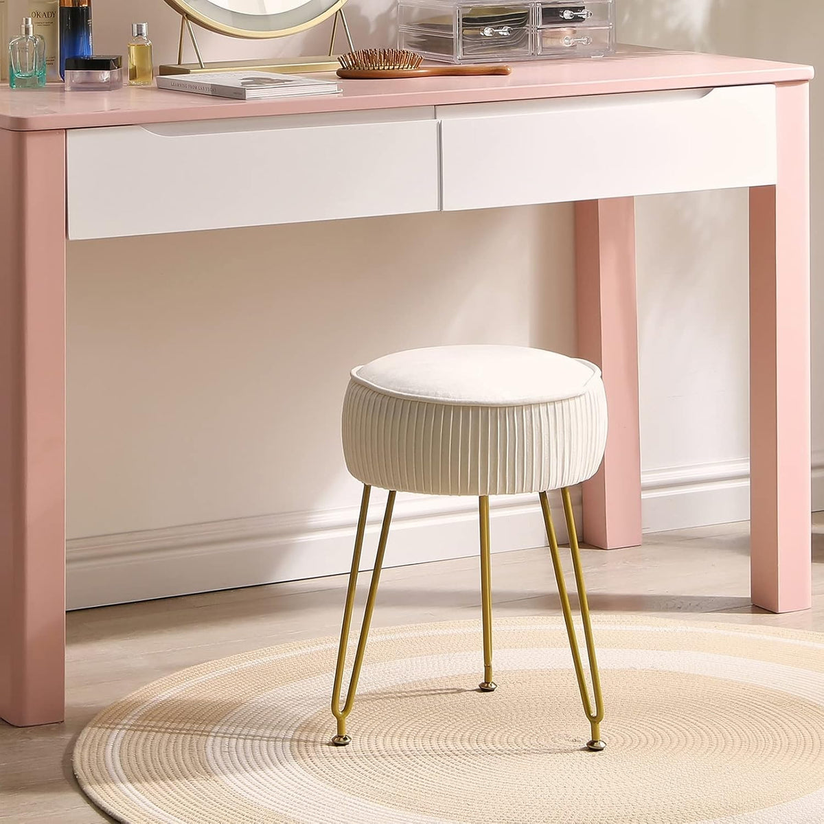 IBUYKE Velvet Round Makeup Vanity Stool - White Dressing Table Footrest Ottoman