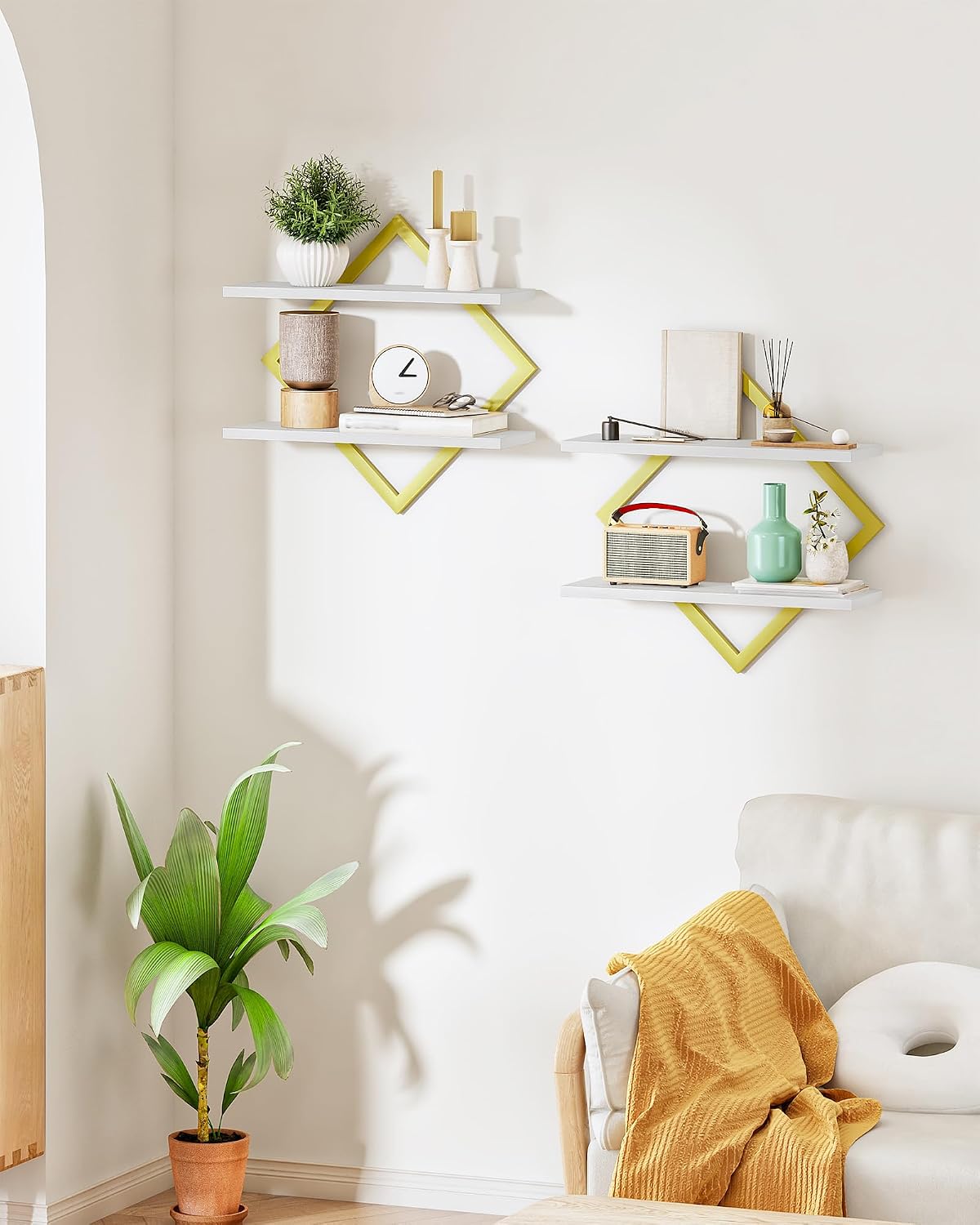 CHOEZON 2 Tier Floating Wall Shelves Set of 2 - Gold & White Hanging Display Shelves