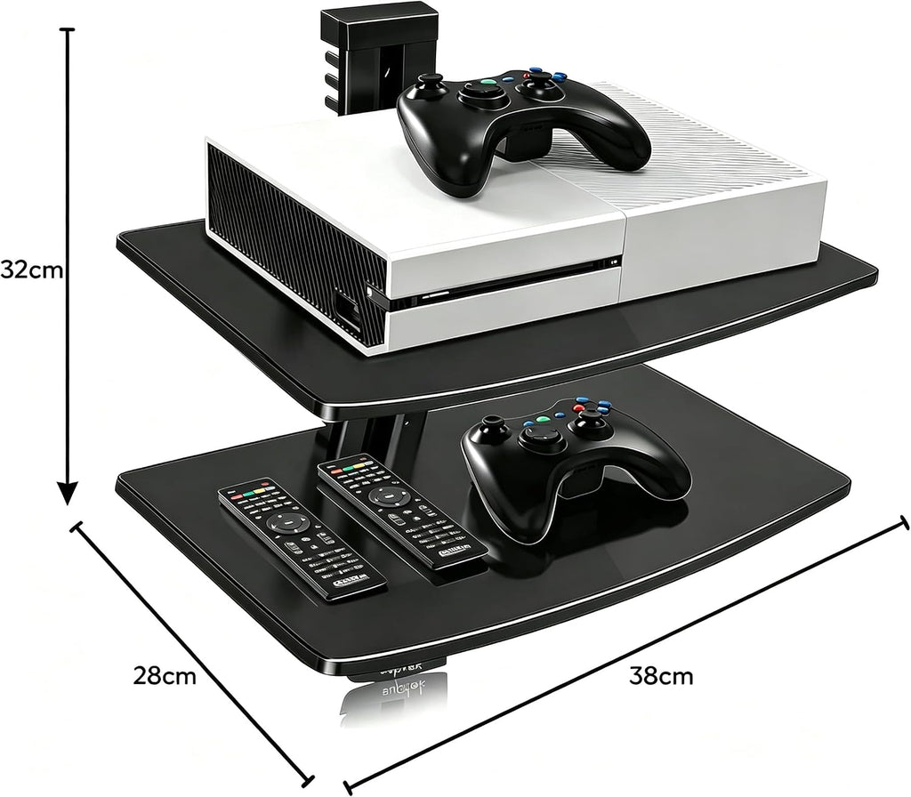 suptek 2 Floating Shelf Wall bracket with Strengthened Tempered Glass for DVD Players/Cable Boxes/Games Consoles/TV Accessories, 2 Shelves, Black CS202