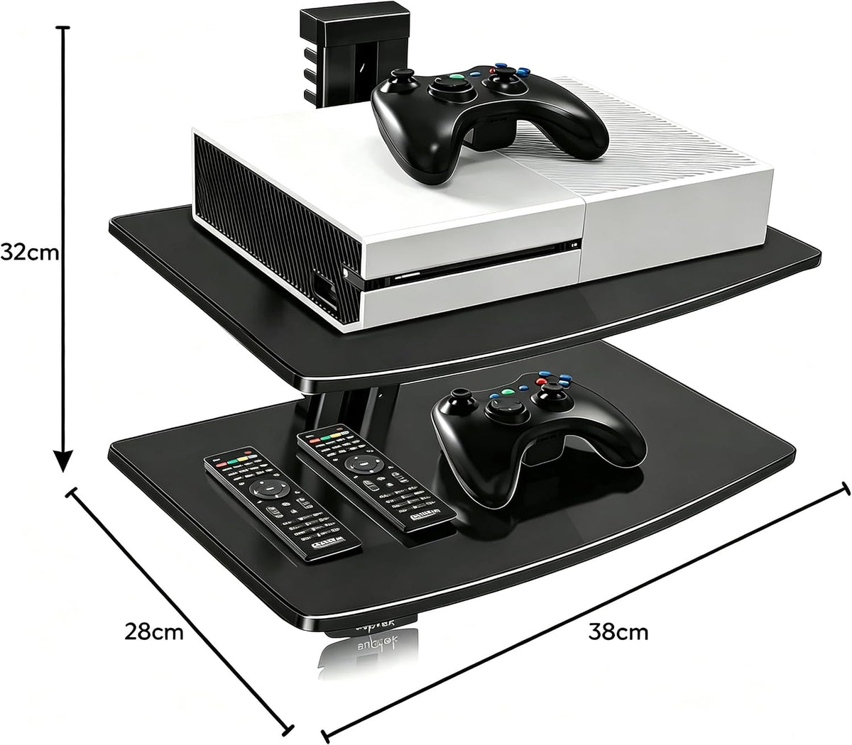 suptek 2 Floating Shelf Wall bracket with Strengthened Tempered Glass for DVD Players/Cable Boxes/Games Consoles/TV Accessories, 2 Shelves, Black CS202