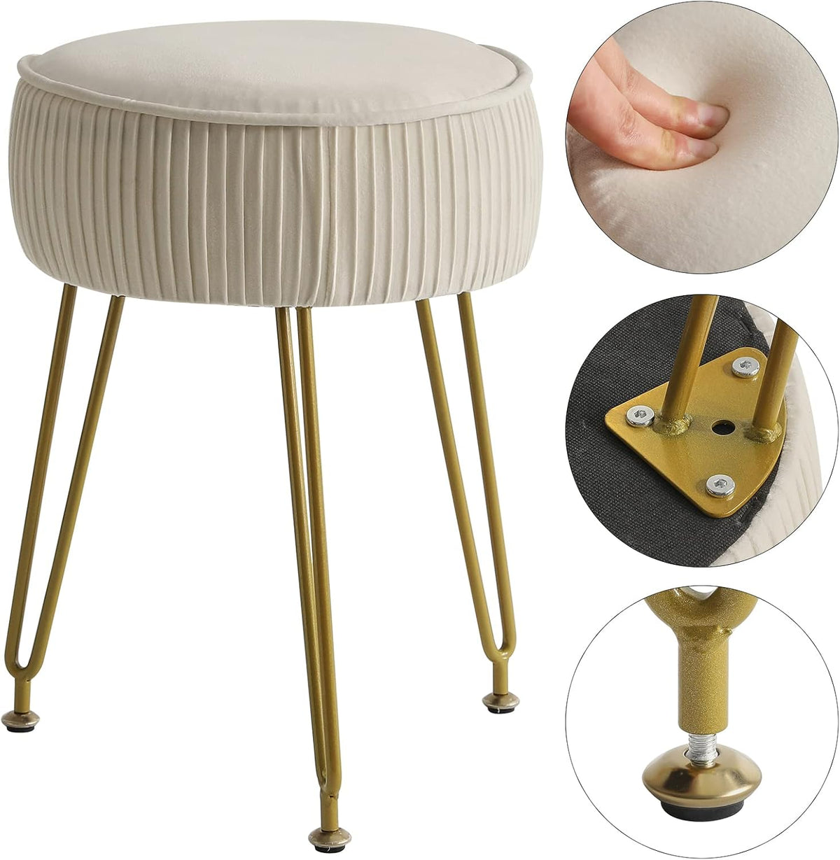 IBUYKE Velvet Round Makeup Vanity Stool - White Dressing Table Footrest Ottoman