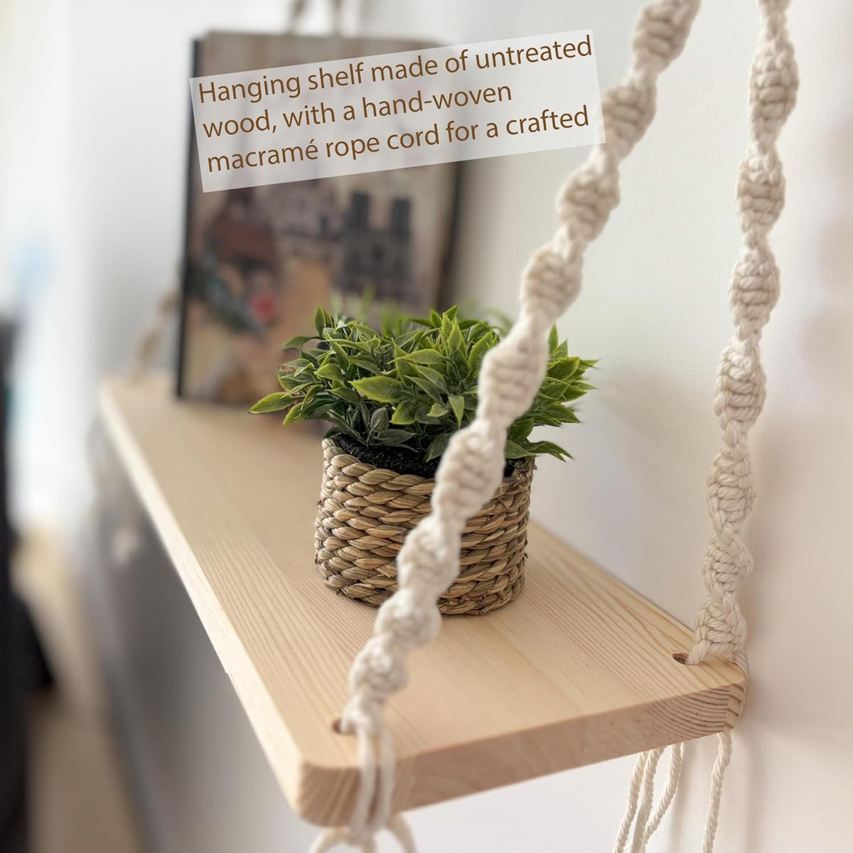 Mekase Set of 2 Boho Macrame Wall Hanging Shelves - Wooden Rope Plant Floating Display