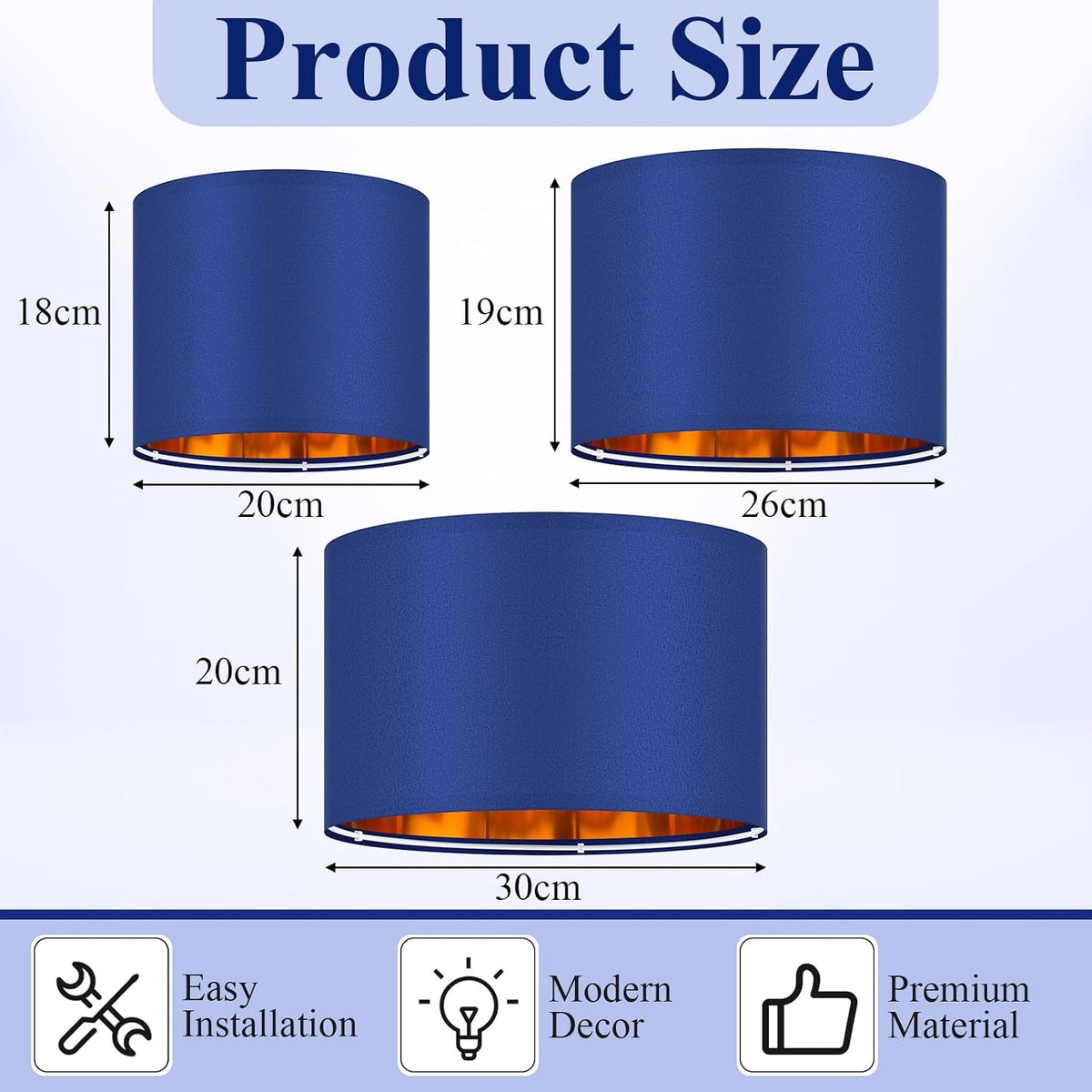 Weewooday 3 Pack Blue Drum Lampshades with Gold Inner - Modern E27/E14 Pendant Light Shades