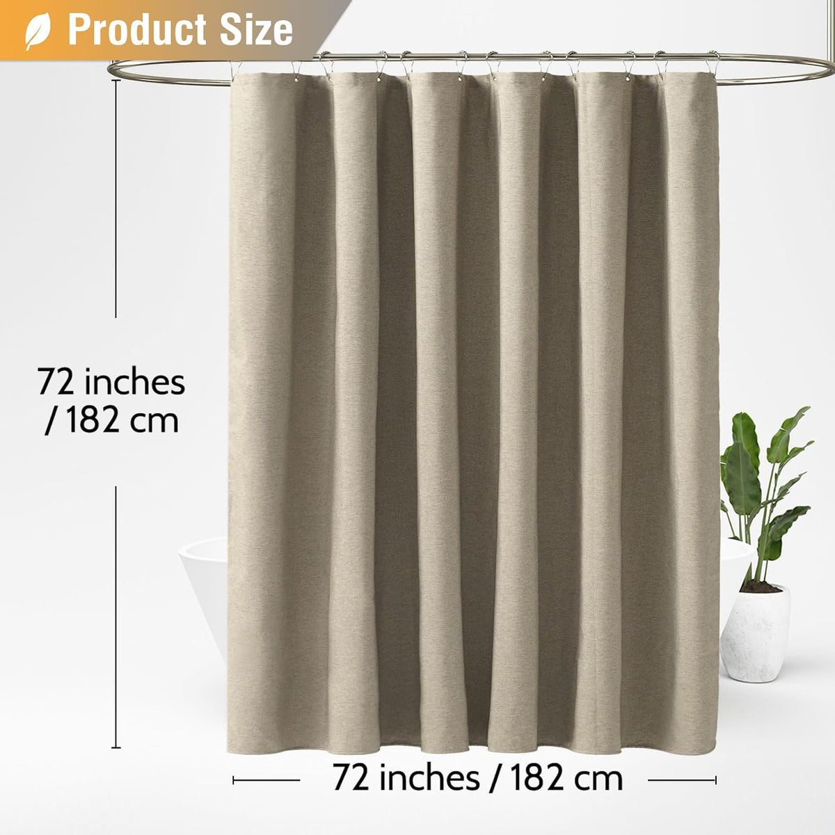 BTTN Linen Look Weighted Shower Curtain, Waterproof, 182x182cm, Tan/Khaki
