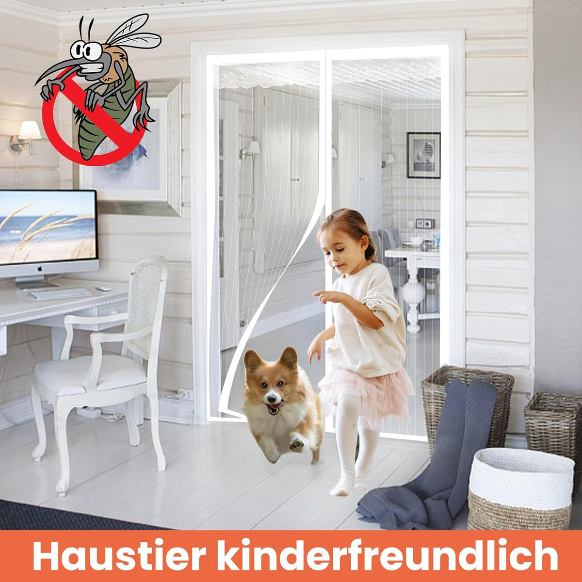 DIKER 120x200cm Magnetic Fly Screen Door - White Insect Mesh Curtain with Drill-Free Installation