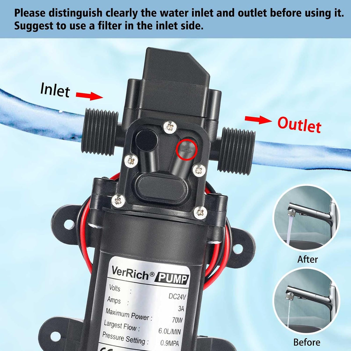 VerRich DC 24V 4L/Min 1GPM Diaphragm Water Pump - 0.9MPa Pressure Switch with G1/2" Hose Fittings