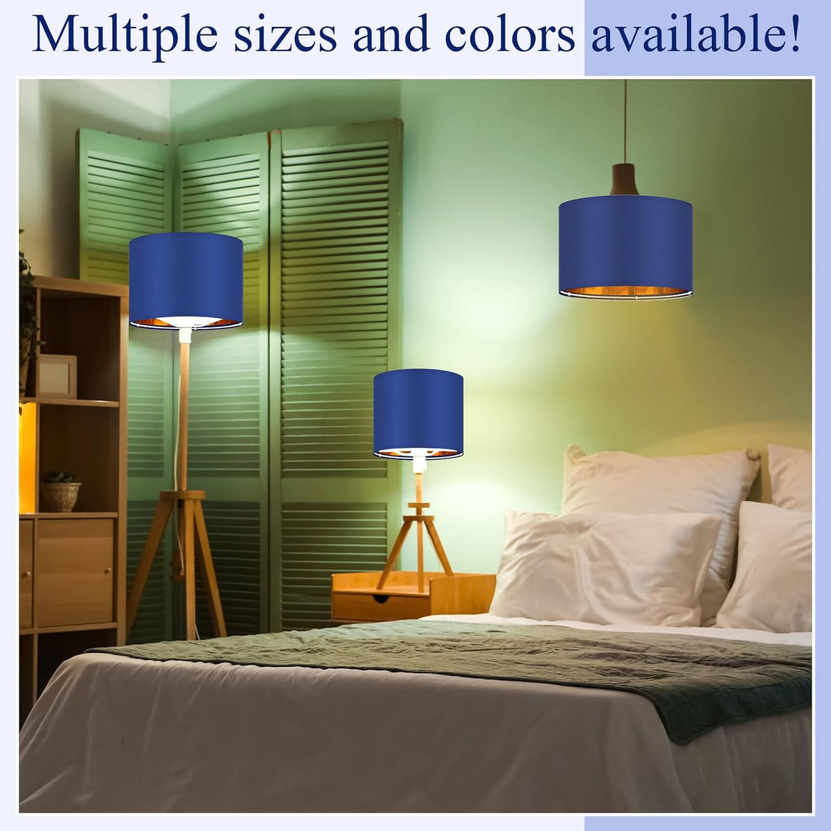 Weewooday 3 Pack Blue Drum Lampshades with Gold Inner - Modern E27/E14 Pendant Light Shades