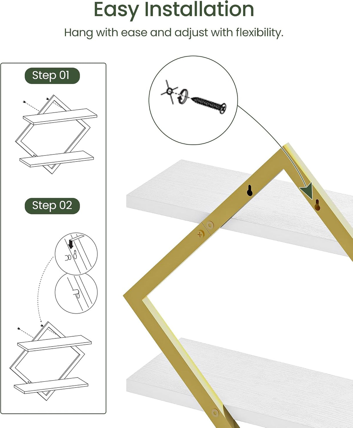 CHOEZON 2 Tier Floating Wall Shelves Set of 2 - Gold & White Hanging Display Shelves