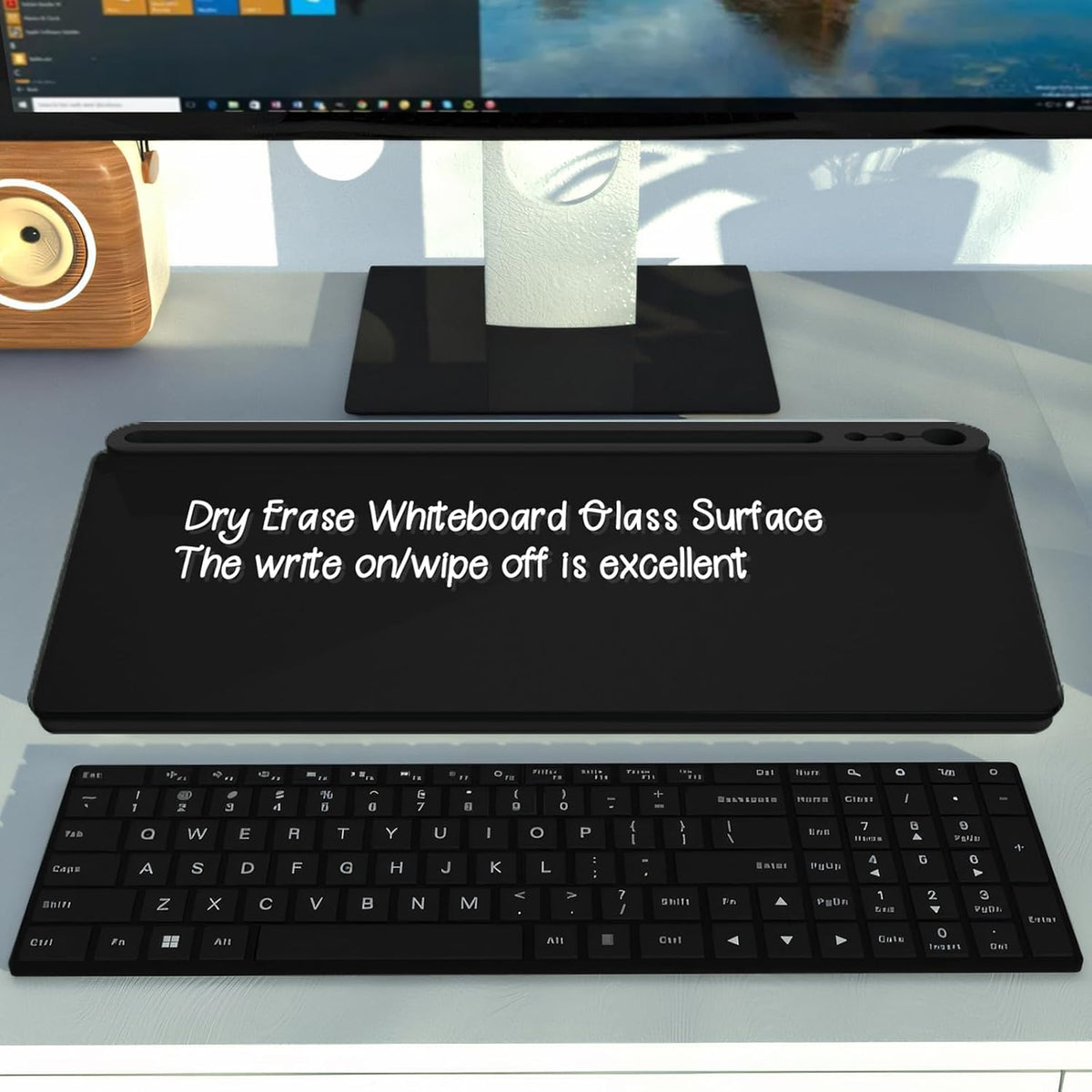 Sliandtelly Desk Glass Chalkboard with Storage 40x18cm - Dry Erase Desktop Notepad with 3 Pens