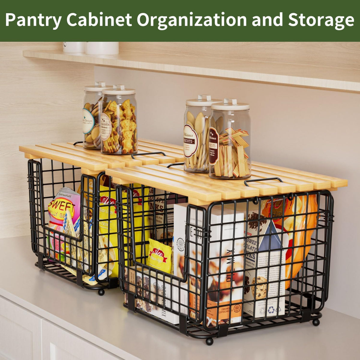 ZDXY Wire Storage Basket for Kitchen Pantry: Stackable Kitchen Counter Organizers - Wire Organizing Bin for Produce Vegetable Potato and Onion Black