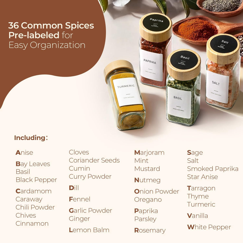 ComSaf 120ml Glass Spice Jars with Bamboo Lids & Labels for Herbs, 24 Pack