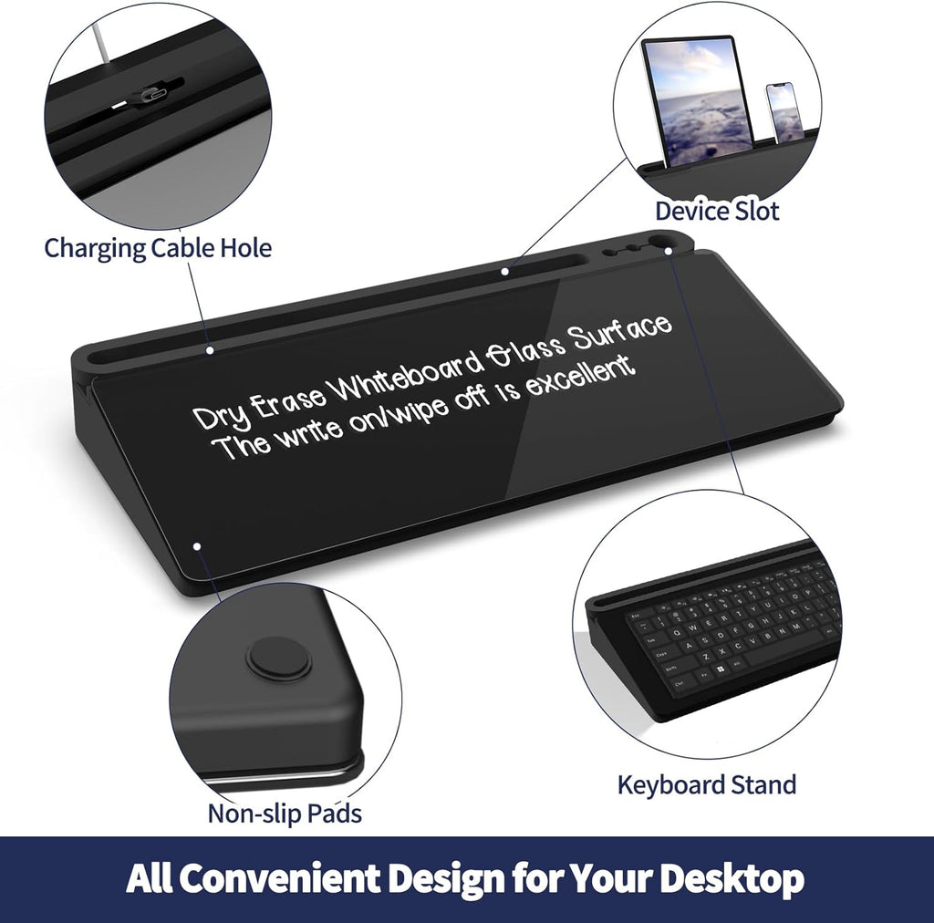 Sliandtelly Desk Glass Chalkboard with Storage 40x18cm - Dry Erase Desktop Notepad with 3 Pens