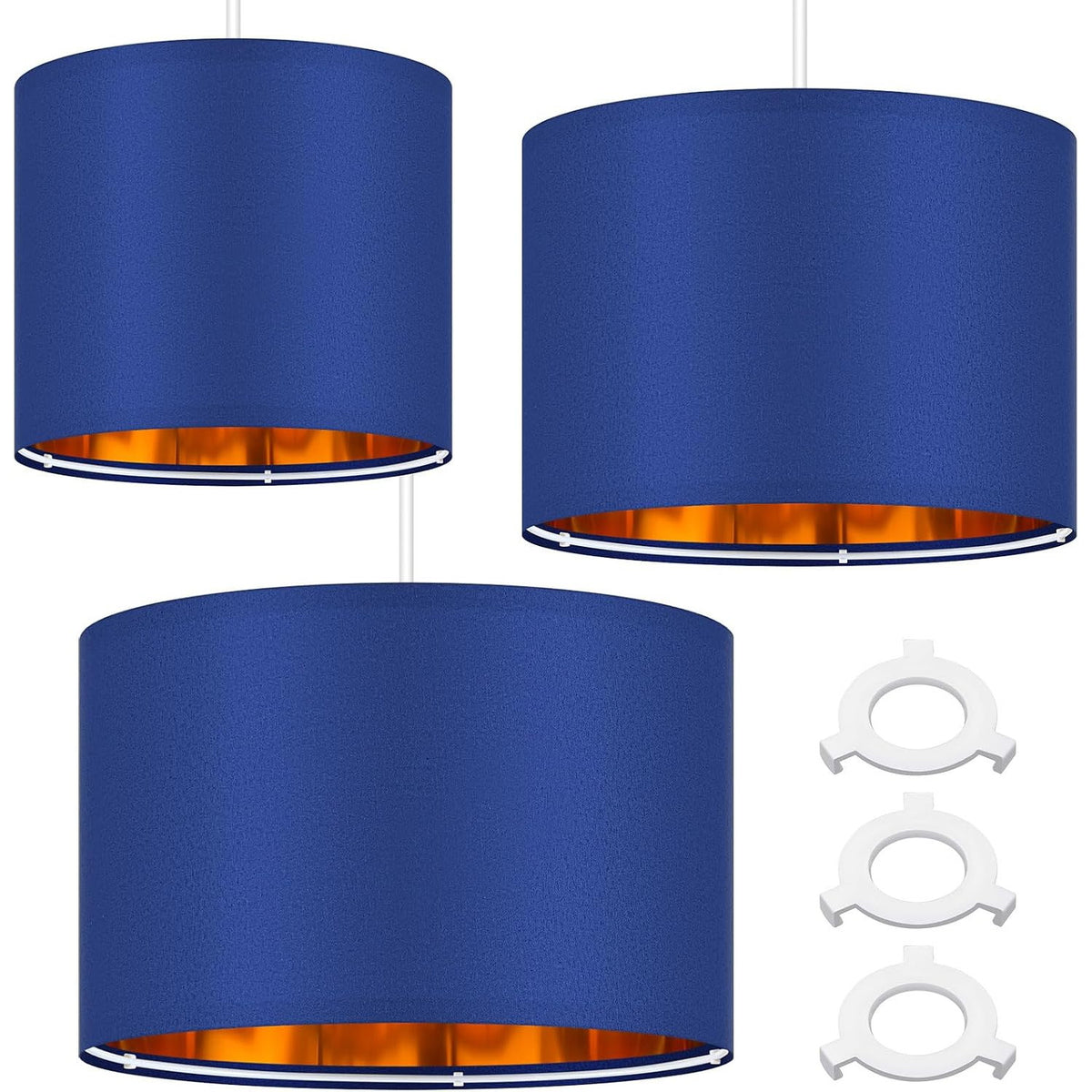 Weewooday 3 Pack Blue Drum Lampshades with Gold Inner - Modern E27/E14 Pendant Light Shades