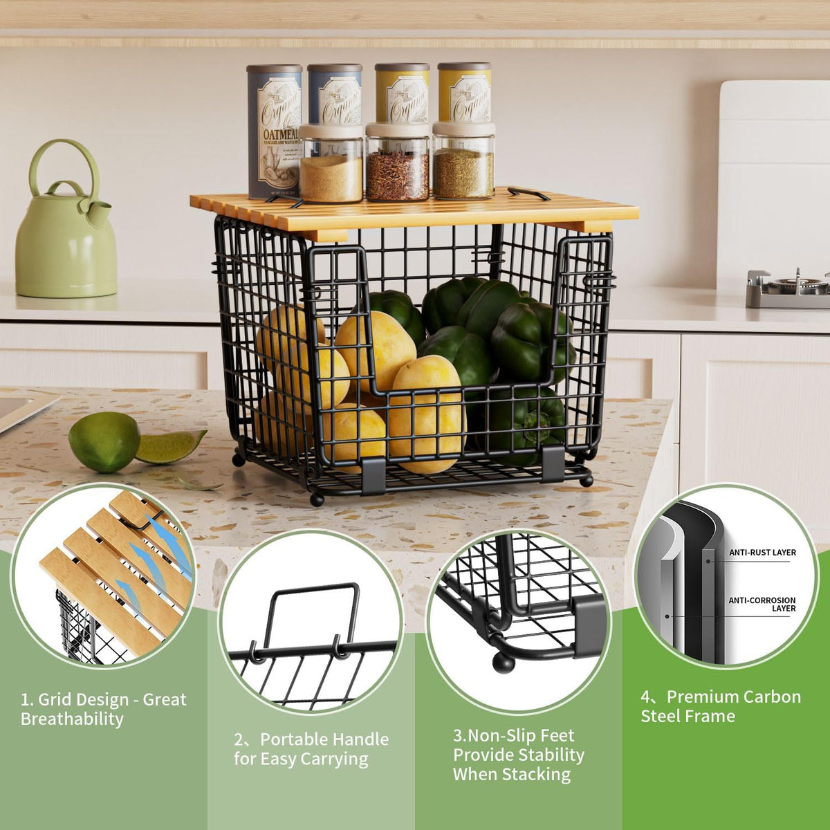 ZDXY Wire Storage Basket for Kitchen Pantry: Stackable Kitchen Counter Organizers - Wire Organizing Bin for Produce Vegetable Potato and Onion Black