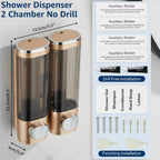 Modunful 2-Chamber Wall-Mounted Shower Dispenser - No-Drill Shampoo, Conditioner & Body Wash Pump Gold