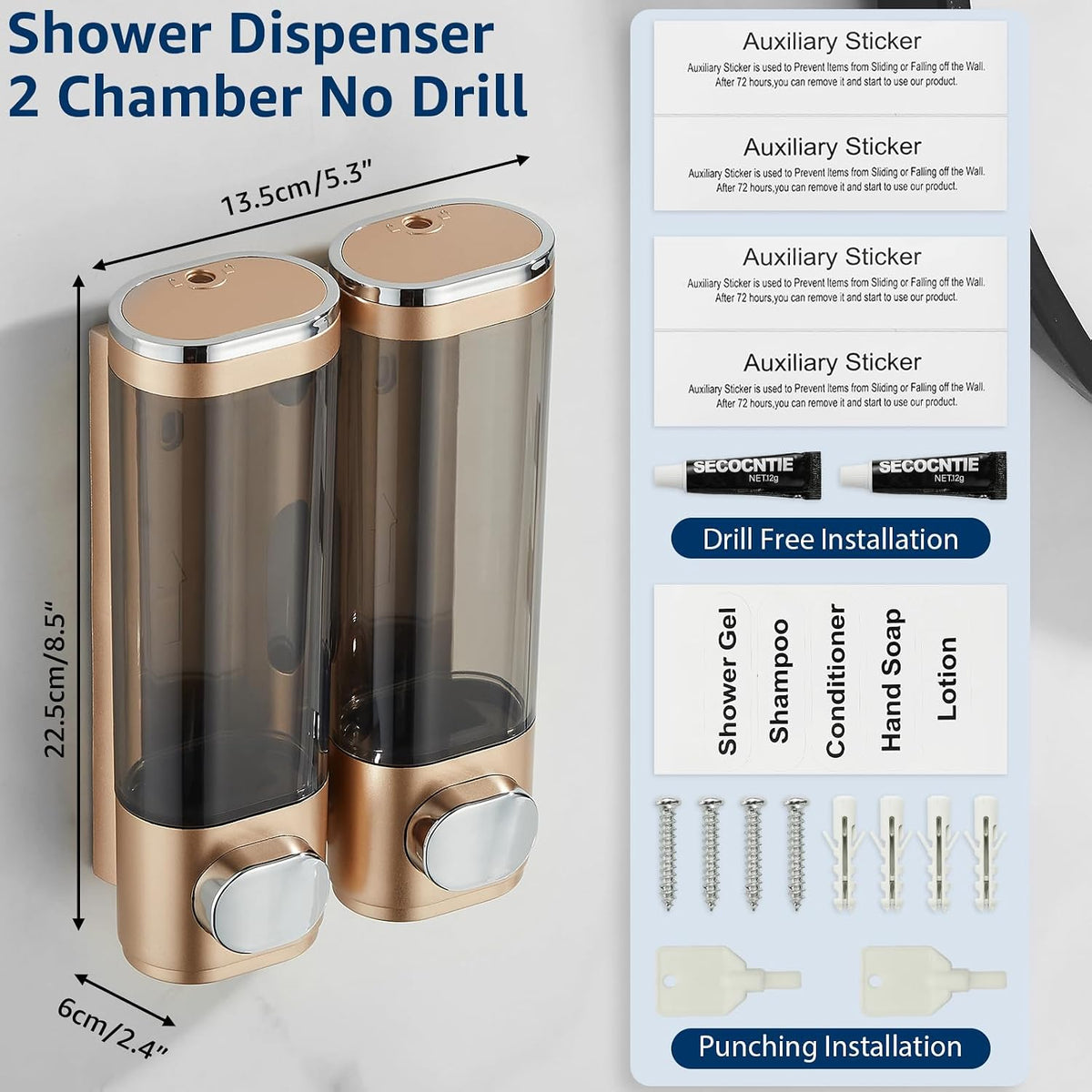 Modunful 2-Chamber Wall-Mounted Shower Dispenser - No-Drill Shampoo, Conditioner & Body Wash Pump Gold