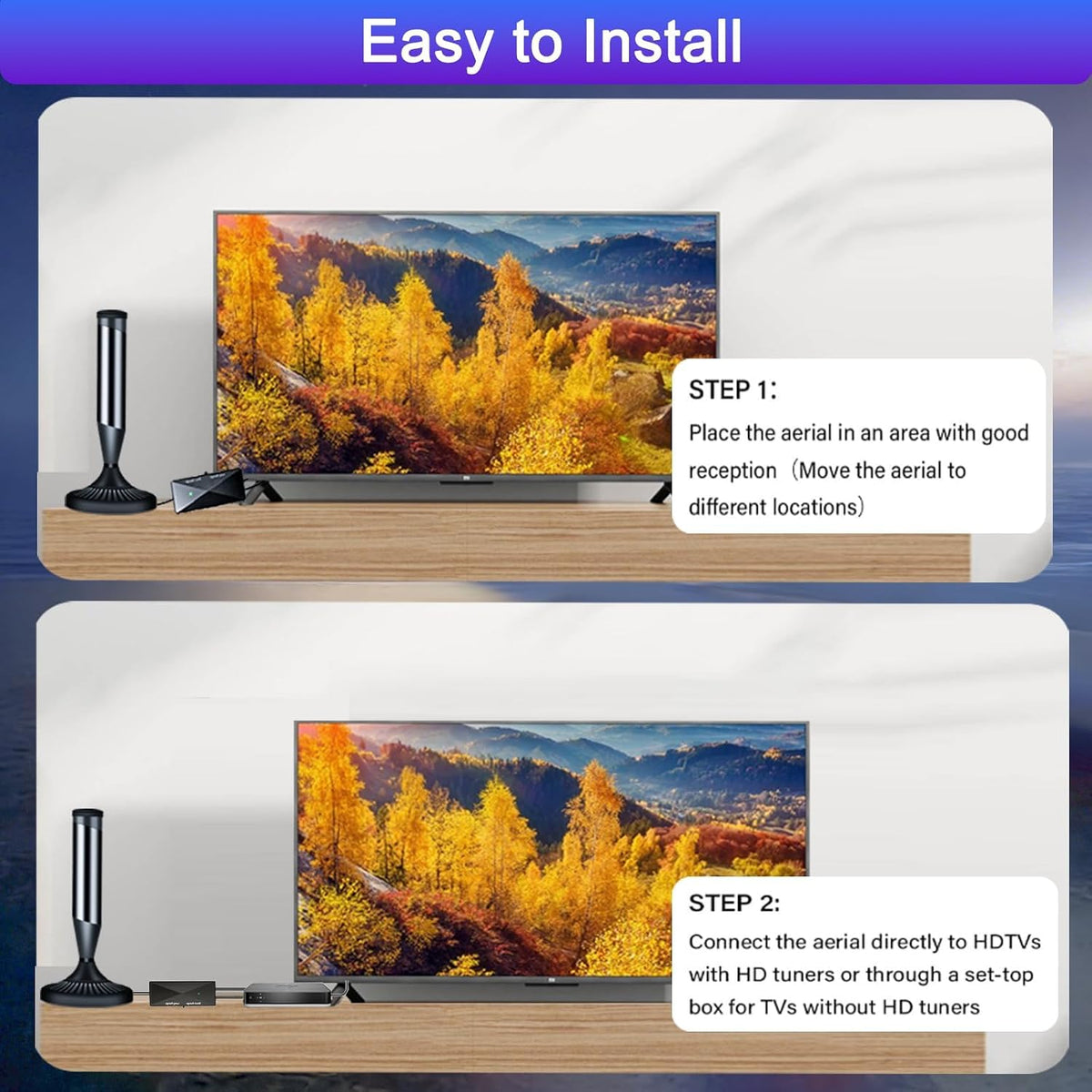 CSUXYD Indoor Digital HD TV Aerial with Signal Booster Amplifier - 880+ Miles Range 4K 1080P Freeview, VHF/UHF/DAB Radio Support Black