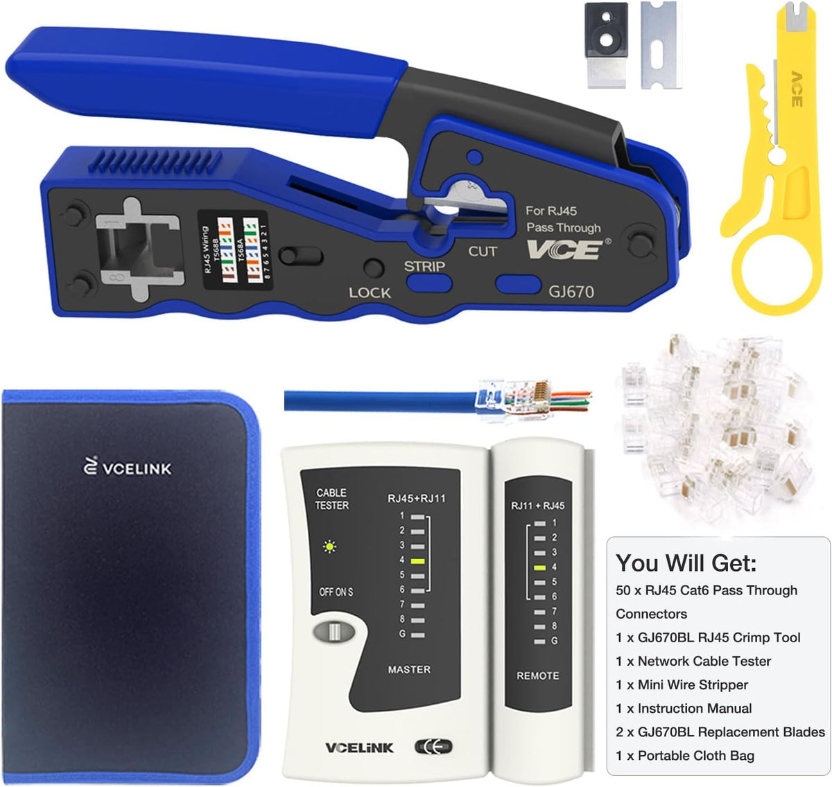 VCELINK RJ45 Pass-Thru Ethernet Crimp Tool Kit - Cable Stripper & Cutter Set