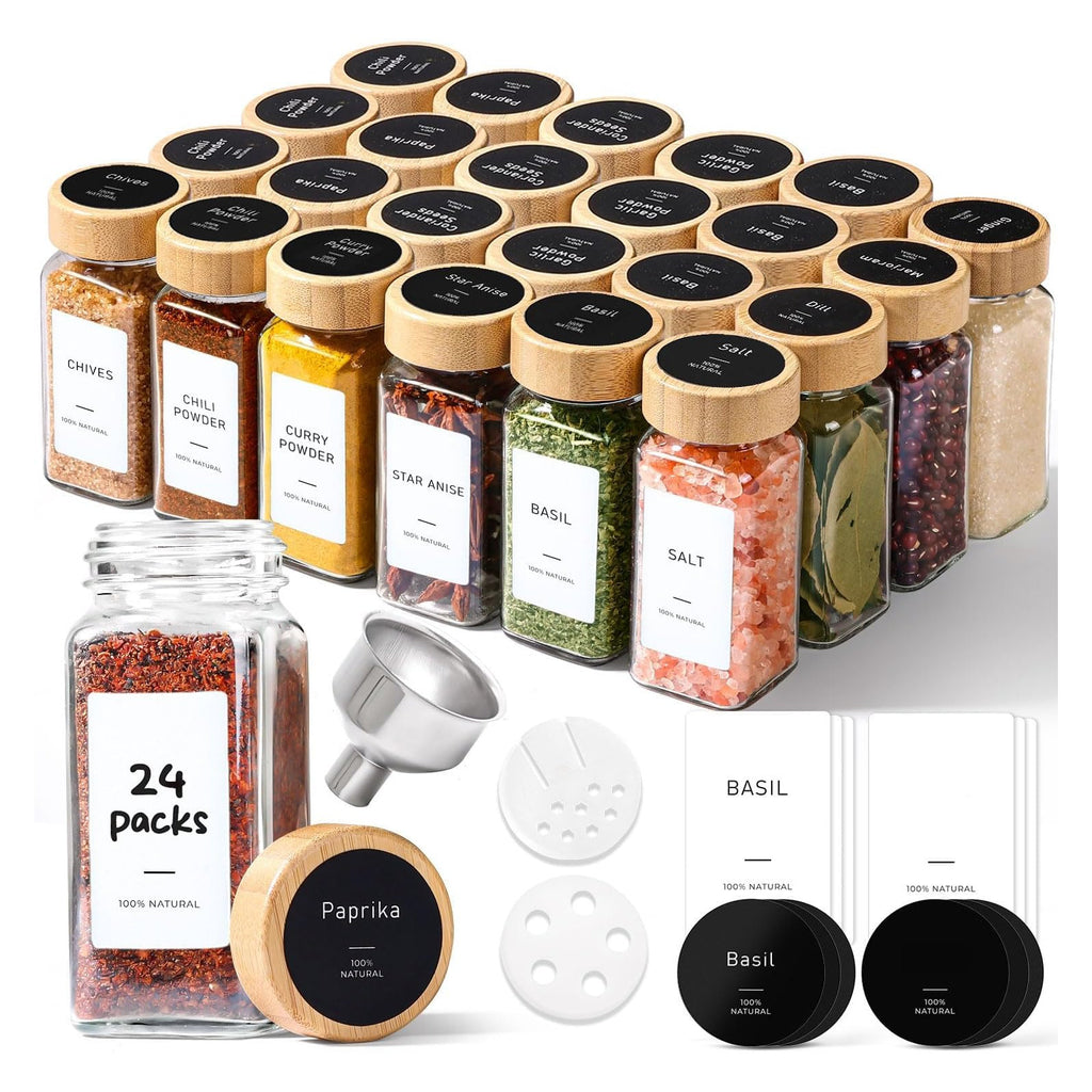 ComSaf 120ml Glass Spice Jars with Bamboo Lids & Labels for Herbs, 24 Pack