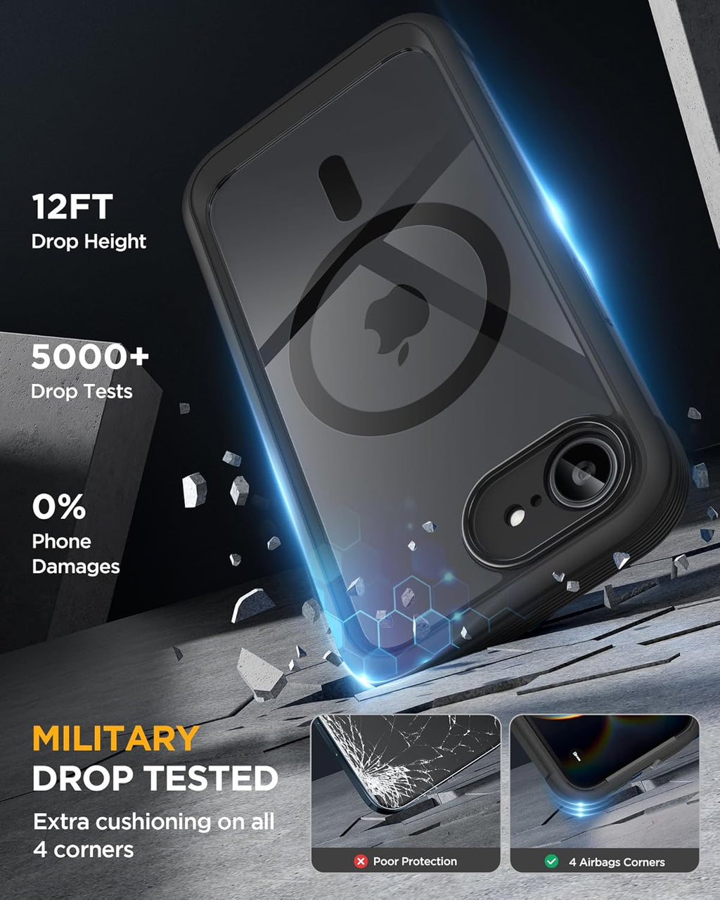 Miracase Magnetic Full-Body Case for iPhone 17e & 16e 6.1" - Built-in Screen Protector Black