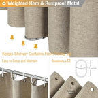 BTTN Linen Look Weighted Shower Curtain, Waterproof, 182x182cm, Tan/Khaki