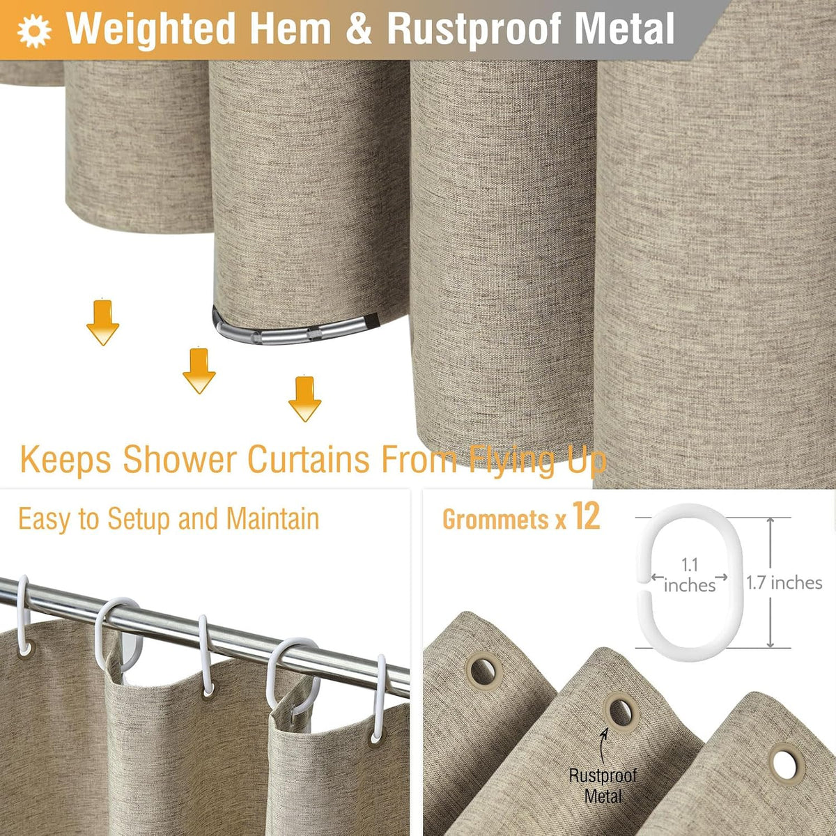 BTTN Linen Look Weighted Shower Curtain, Waterproof, 182x182cm, Tan/Khaki