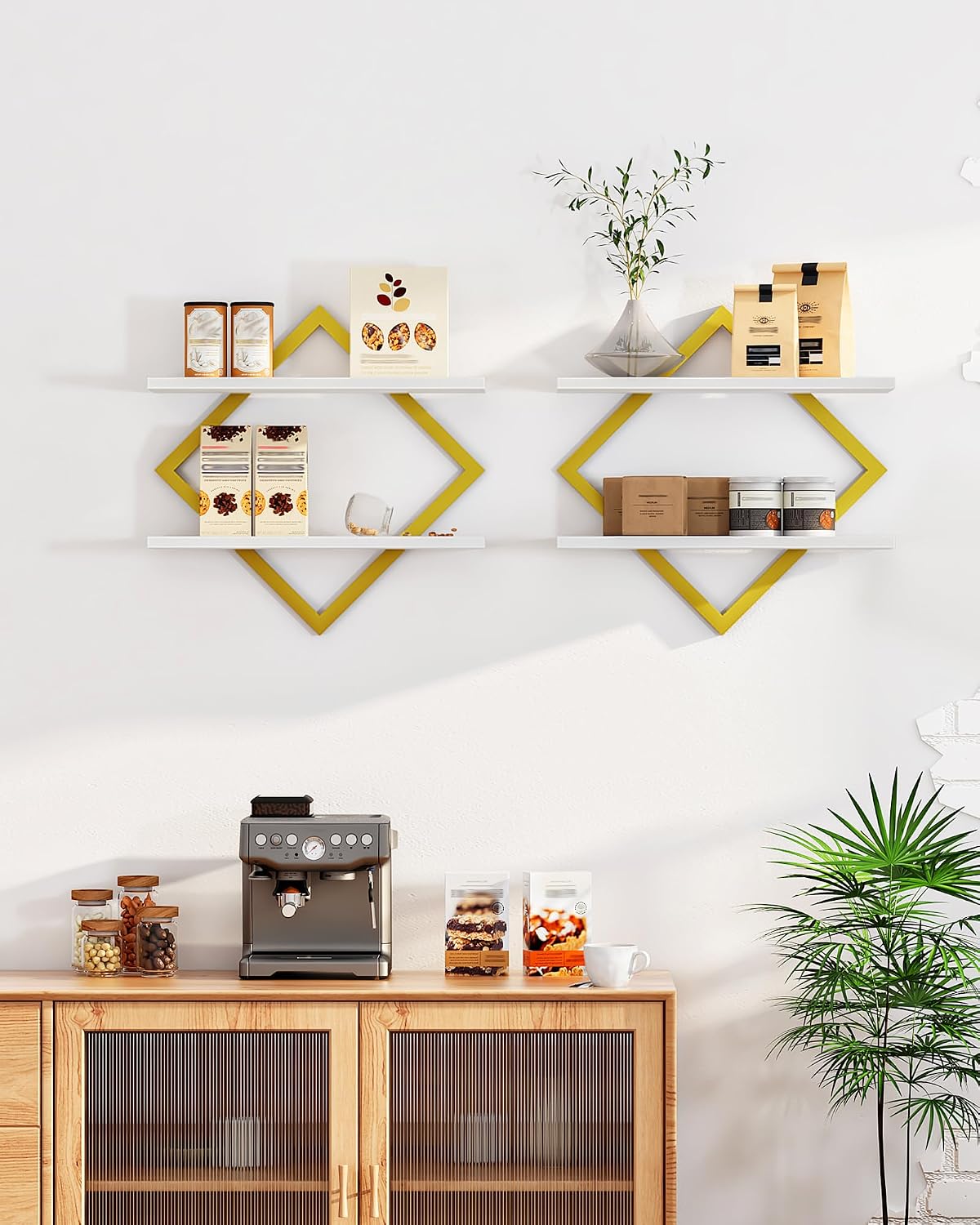 CHOEZON 2 Tier Floating Wall Shelves Set of 2 - Gold & White Hanging Display Shelves
