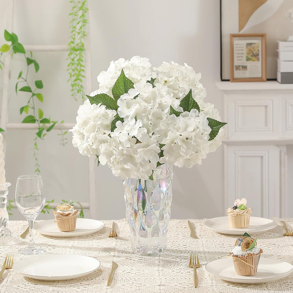 Kisflower 2 Pack White Silk Artificial Hydrangea Flowers Bouquets - Vase & Wedding Decor