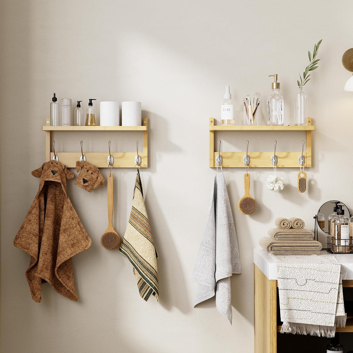 STELLSTAR 2 Pack Bamboo Wall Mounted Coat Rack with Shelf & 8 Hooks (Natural)