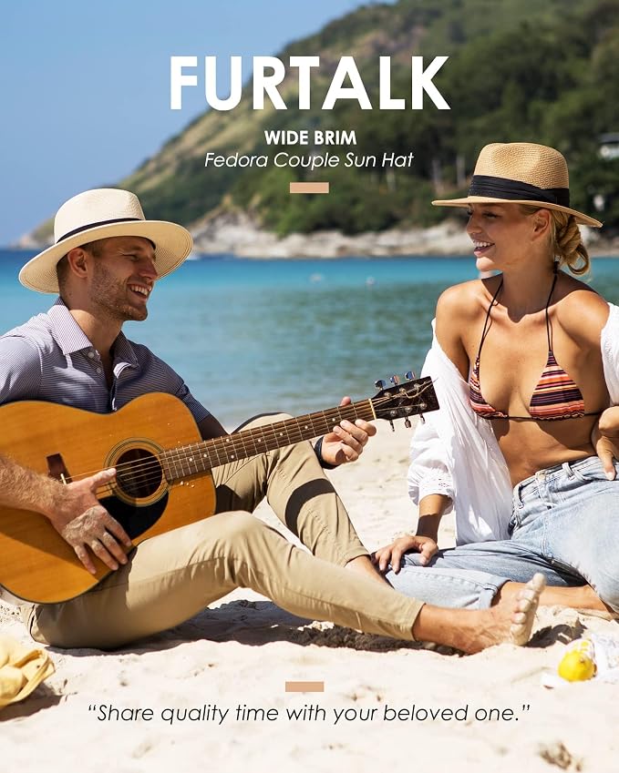FURTALK Unisex Wide Brim Straw Panama Hat - Summer Beach Sun Protection Fedora