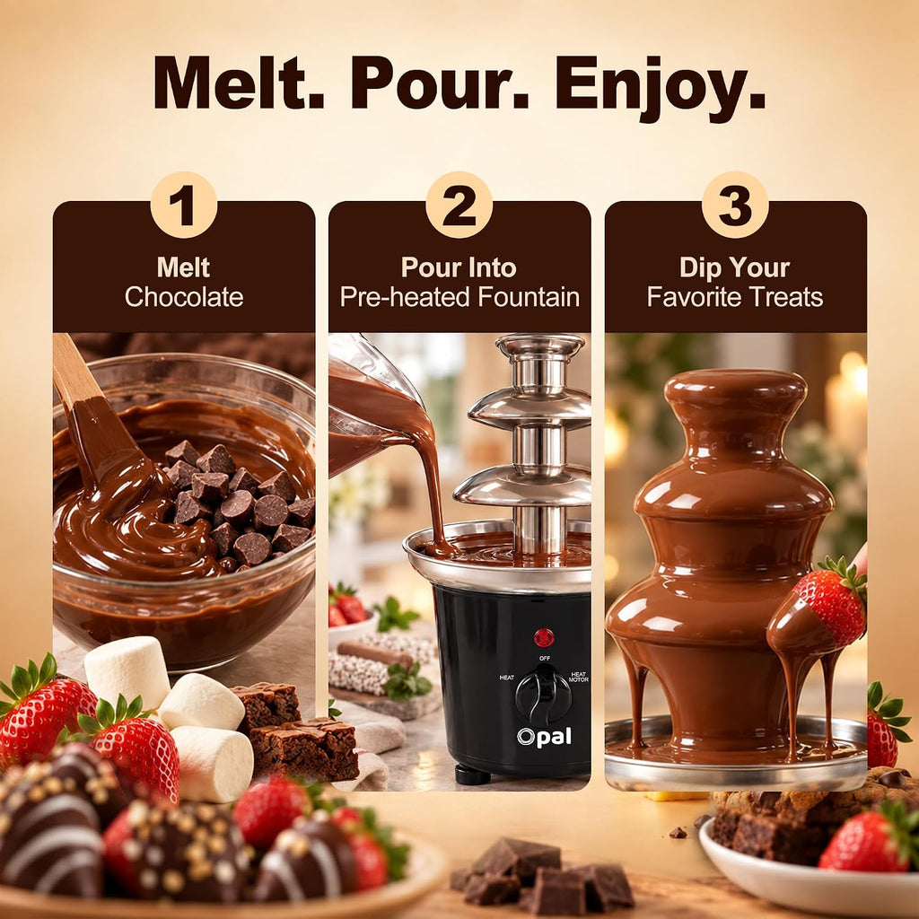 Opal 3 Tier Stainless Steel Electric Chocolate Fountain 500ml Fondue Machine Set