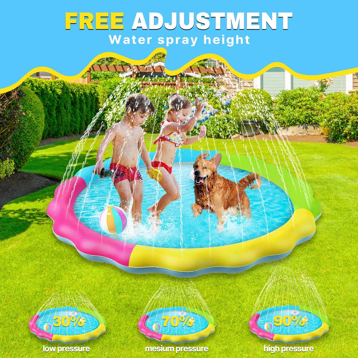 YIGAARUI 170cm Dog Paddling Pool & Sprinkler Splash Pad - Non-Slip Portable Pet Water Play Mat