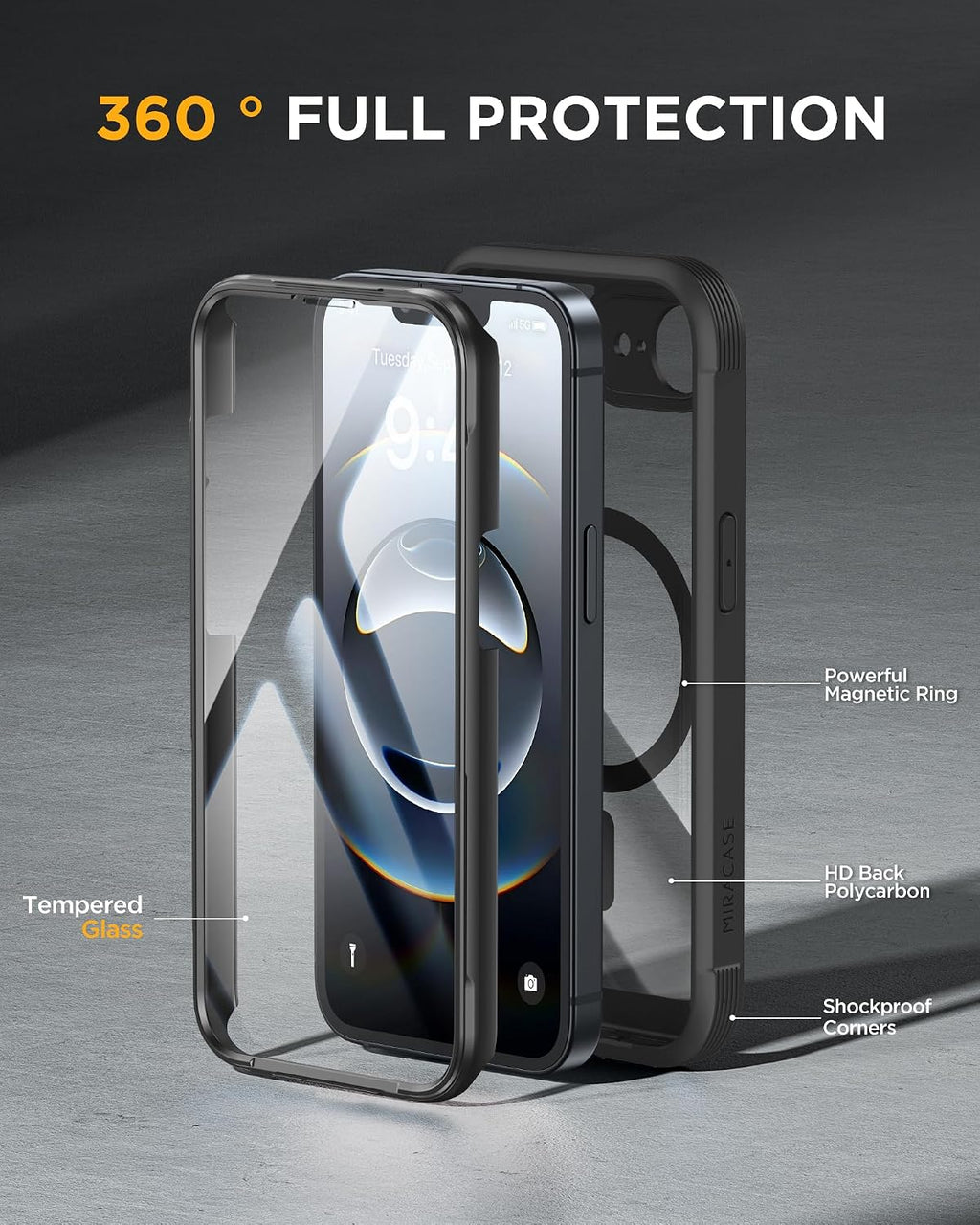 Miracase Magnetic Full-Body Case for iPhone 17e & 16e 6.1" - Built-in Screen Protector Black