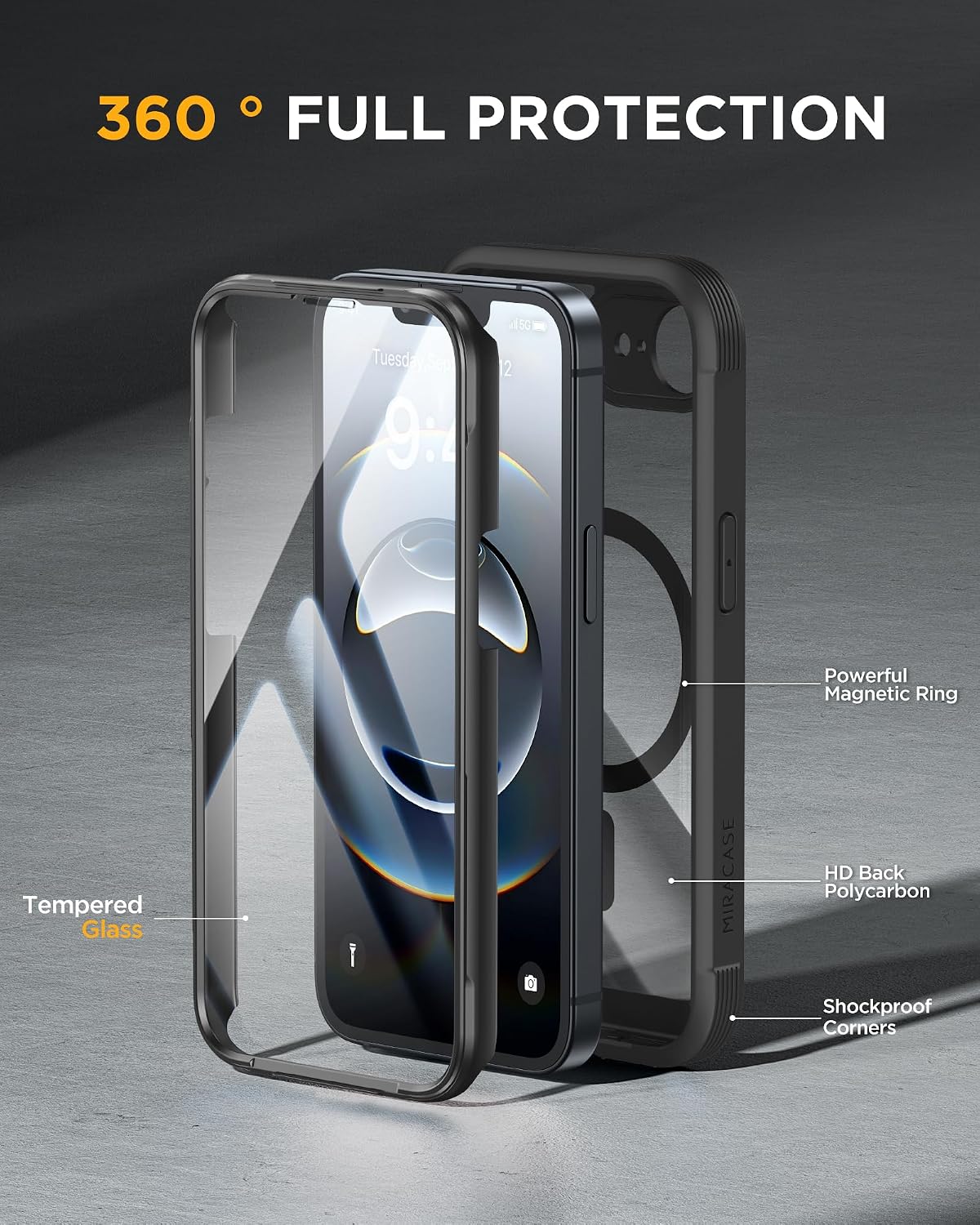 Miracase Magnetic Full-Body Case for iPhone 17e & 16e 6.1" - Built-in Screen Protector Black