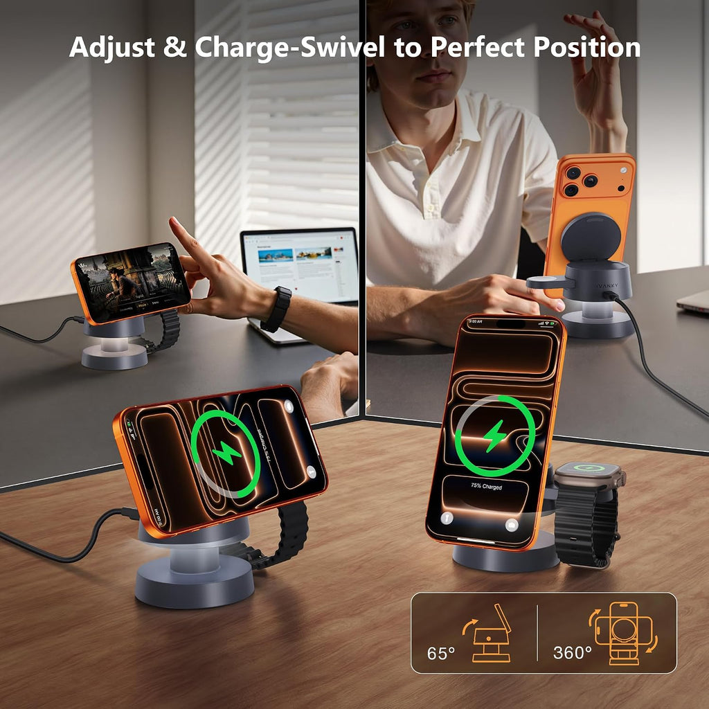iVANKY 3-in-1 Magnetic Wireless Charging Station - 15W Fast Charging Stand for iPhone, Apple Watch & AirPods