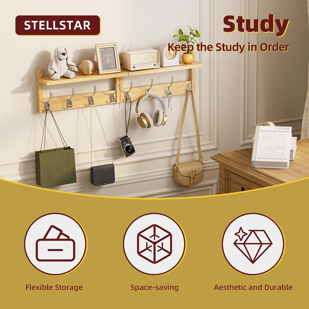 STELLSTAR 2 Pack Bamboo Wall Mounted Coat Rack with Shelf & 8 Hooks (Natural)