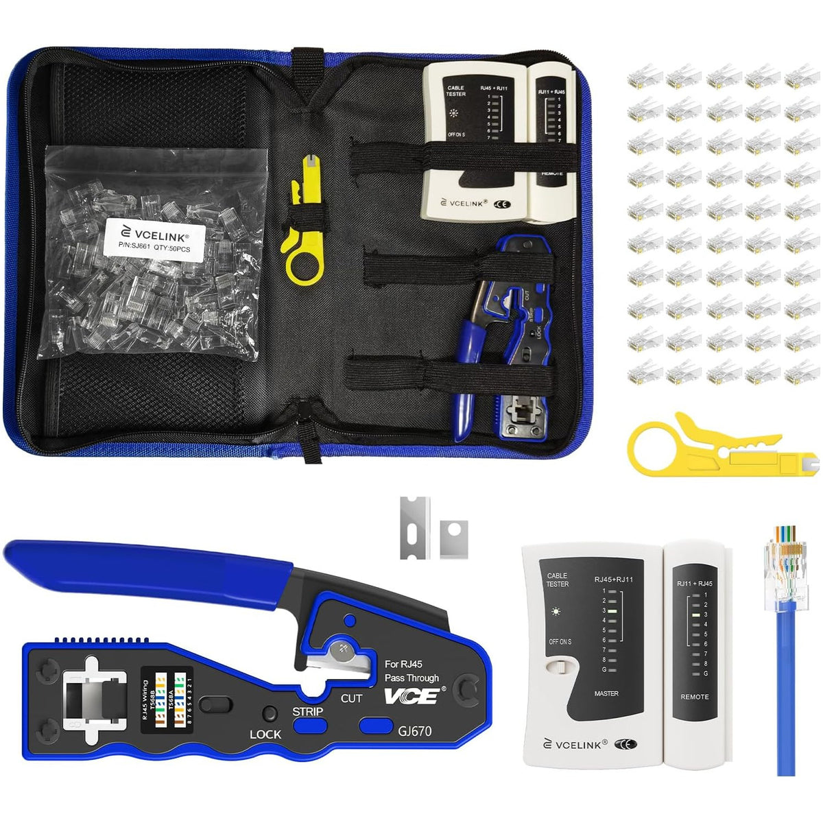 VCELINK RJ45 Pass-Thru Ethernet Crimp Tool Kit - Cable Stripper & Cutter Set