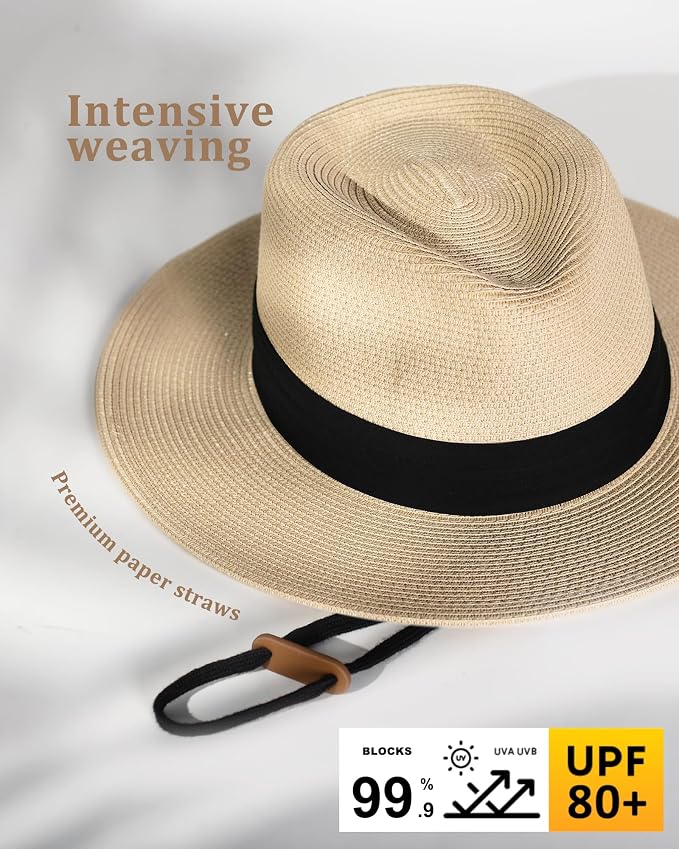 FURTALK Unisex Wide Brim Straw Panama Hat - Summer Beach Sun Protection Fedora