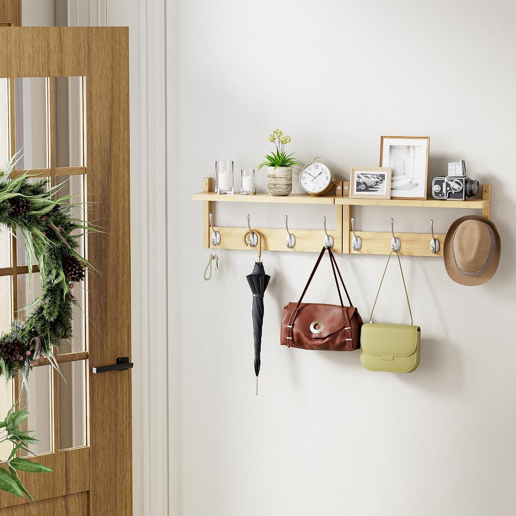 STELLSTAR 2 Pack Bamboo Wall Mounted Coat Rack with Shelf & 8 Hooks (Natural)