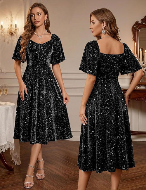Aupuls Women's Sequin Evening Prom Dress - Sparkly Fit & Flare Cocktail Gown SIZE M