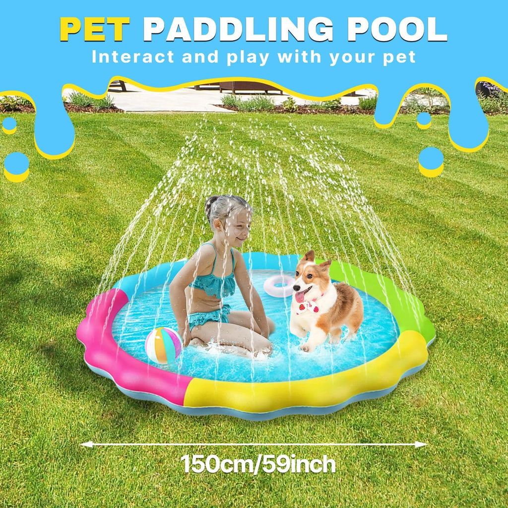 YIGAARUI 170cm Dog Paddling Pool & Sprinkler Splash Pad - Non-Slip Portable Pet Water Play Mat