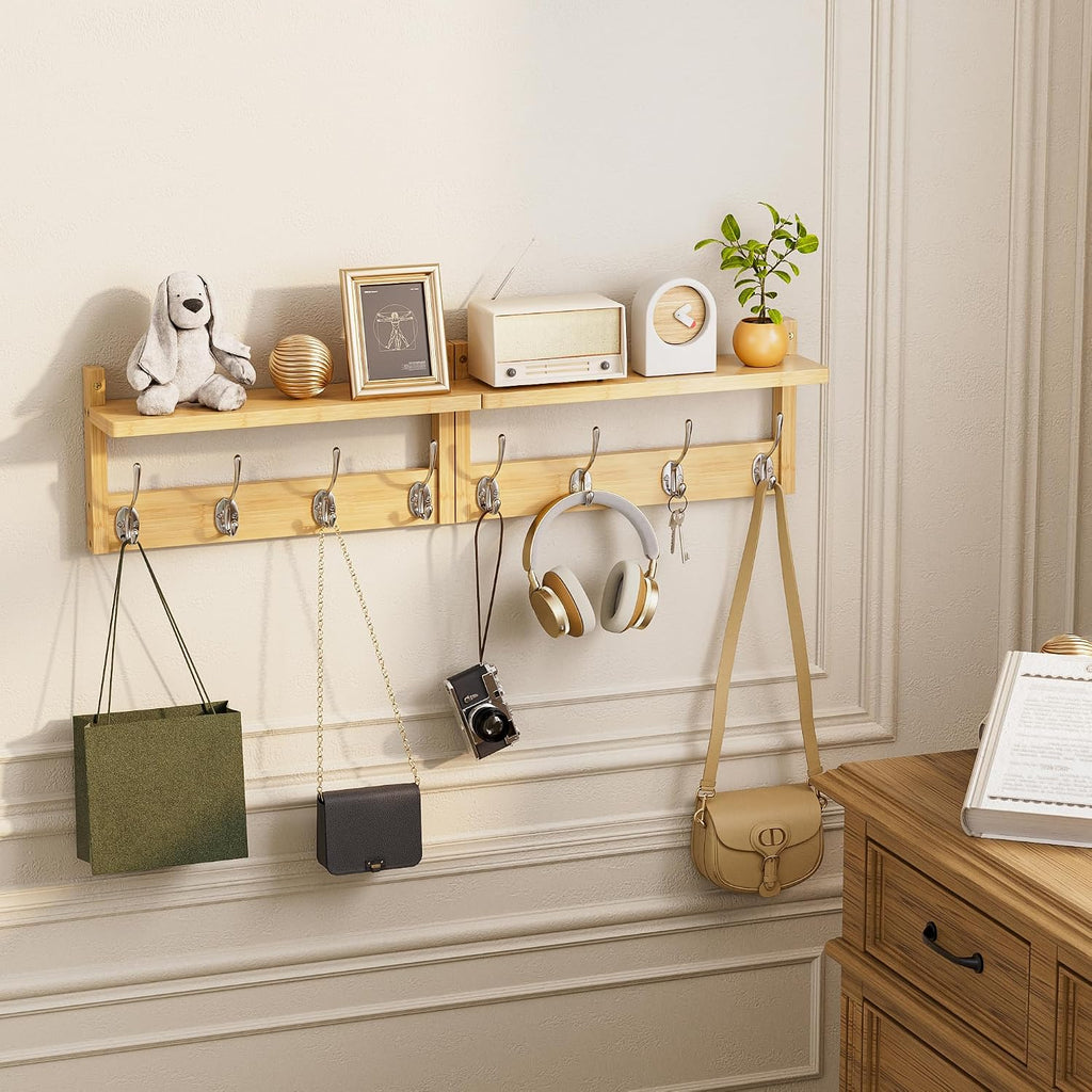 STELLSTAR 2 Pack Bamboo Wall Mounted Coat Rack with Shelf & 8 Hooks (Natural)
