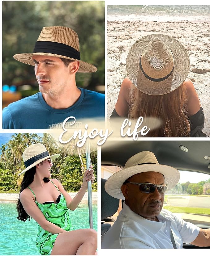 FURTALK Unisex Wide Brim Straw Panama Hat - Summer Beach Sun Protection Fedora