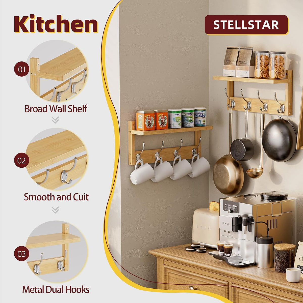STELLSTAR 2 Pack Bamboo Wall Mounted Coat Rack with Shelf & 8 Hooks (Natural)