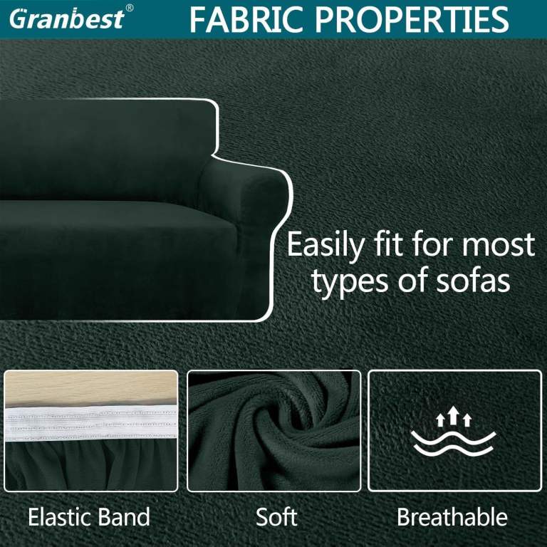 Granbest Luxury Dark Green Velvet Sofa Cover - High Stretch 3 Seater Couch Slipcover Protector