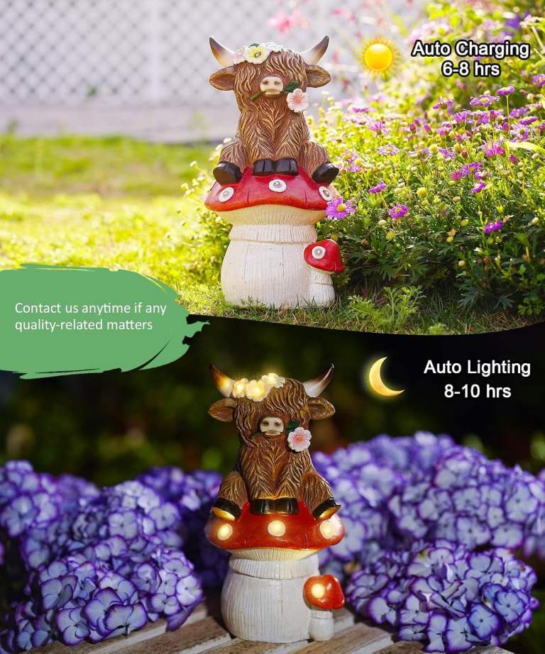 Yeomoo Funny Highland Cow Solar Garden Statue - Outdoor Mushroom Decor & Gift